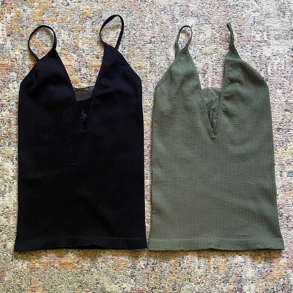 Free People Black and Olive Green Ribbed Cami Tank Top Bundle